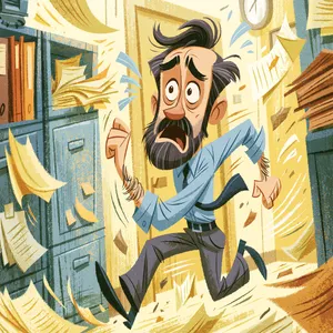 A man hurrying anxiously through an office