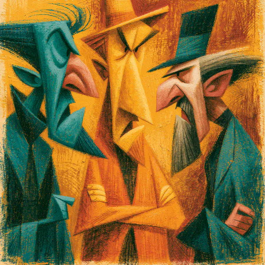 Three disagreeable characters arguing, painted in the style of a 20th century expressionist